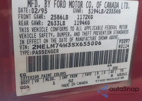 1995 Mercury Grand Marquis Gs from USA, damaged, VIN 2MELM74W3SX655006